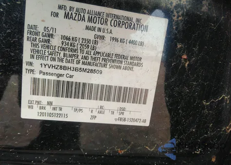 2011 Mazda Mazda6 I Sport z USA, uszkodzony, nr VIN 1YVHZ8BH3B5M28509